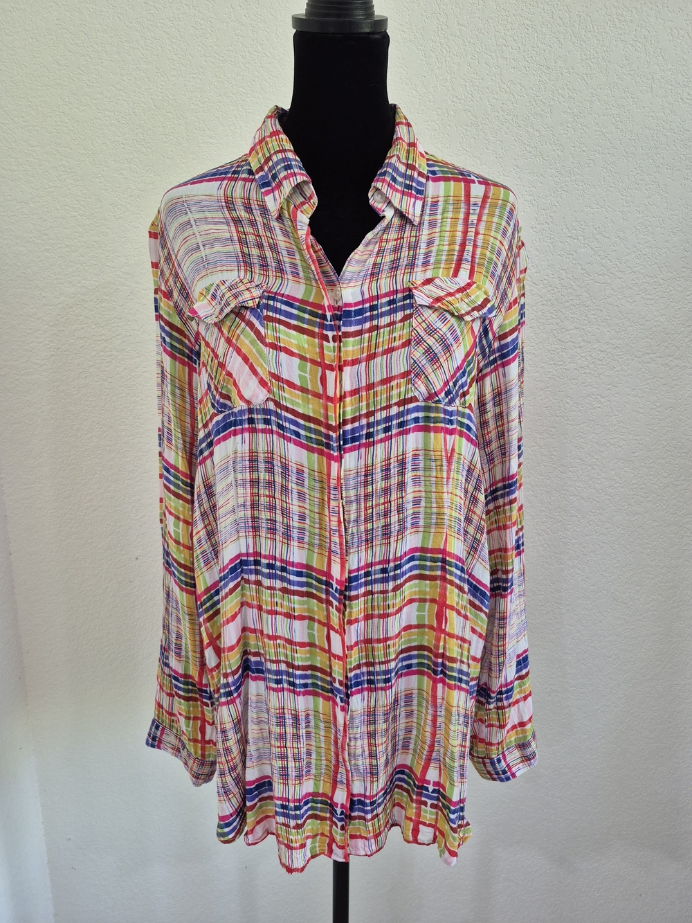 CAbi Multicolor Plaid Button-Down Shirt — Blue, Green, Red, Yellow, Pink
